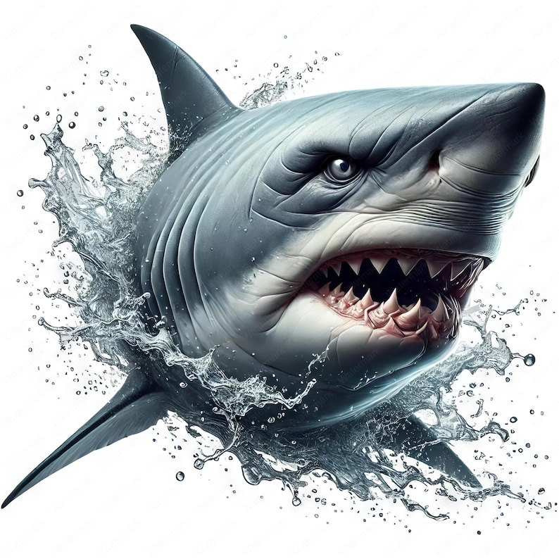 May include: A close-up of a great white shark with its mouth open, showing sharp teeth. The shark is emerging from the water, creating a splash of water droplets.
