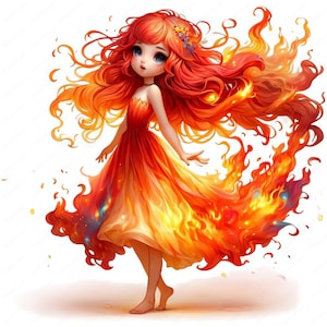 Clipart di ragazza con la fiamma carina / Adorabile pacchetto di clipart a tema fuoco / 10 design di alta qualità / Arte magica elementale / Stampabili / Uso commerciale