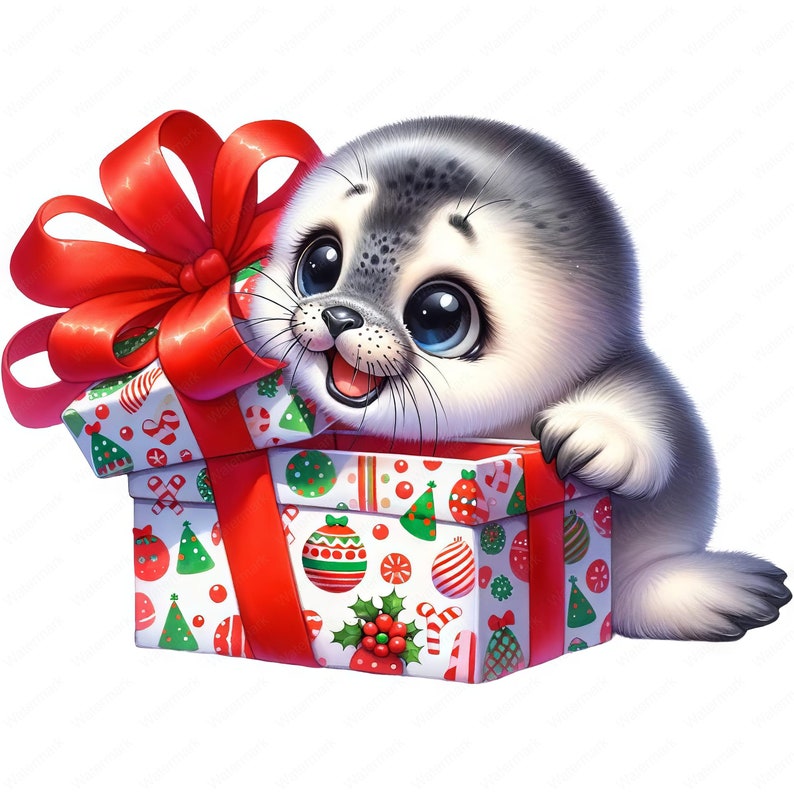 May include: A cute, cartoon-style seal pup peeking out of a Christmas-themed gift box with a red bow. The box is decorated with a white background and colorful Christmas ornaments, candy canes, and trees.