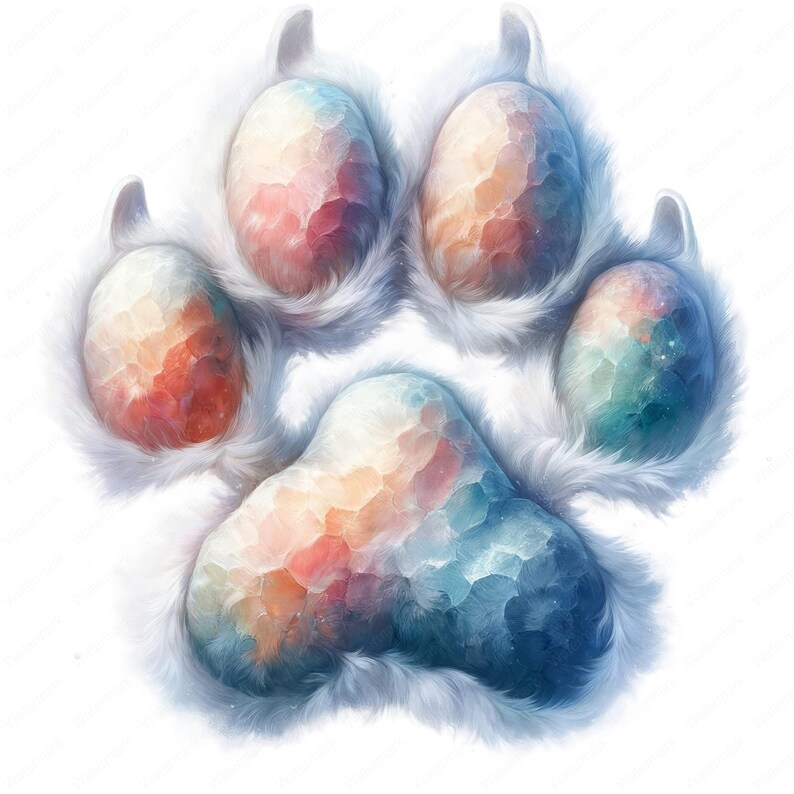 May include: A colorful paw print with a galaxy-like design. The paw print is surrounded by a white fluffy border.