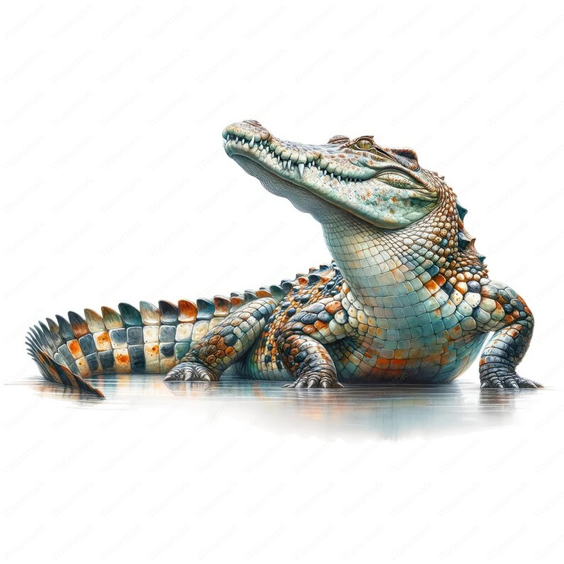 May include: A large crocodile with a green, brown, and black patterned skin is lying on its belly with its head raised and looking to the right. The crocodile is in a shallow body of water with a white background.