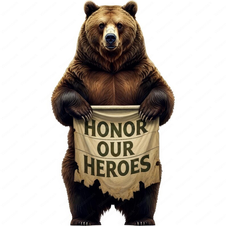 K&ouml;nnte beinhalten: Ein brauner B&auml;r h&auml;lt ein Schild mit der Aufschrift "HONOR OUR HEROES". Das Schild ist aus einem abgenutzten, braunen Material mit einem ausgefransten Rand.