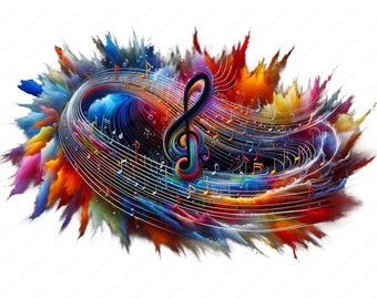 May include: A colorful abstract image with a treble clef in the center. The clef is surrounded by musical notes and a swirling, colorful background.