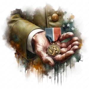 K&ouml;nnte beinhalten: Eine Hand in Milit&auml;runiform h&auml;lt eine goldene Medaille mit einer gefl&uuml;gelten Figur und einem Globus. Die Medaille h&auml;ngt an einem rot-wei&szlig;-blauen Band.