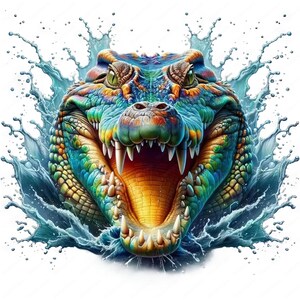 May include: A colorful crocodile with its mouth open, showing sharp teeth, emerging from a splash of water.