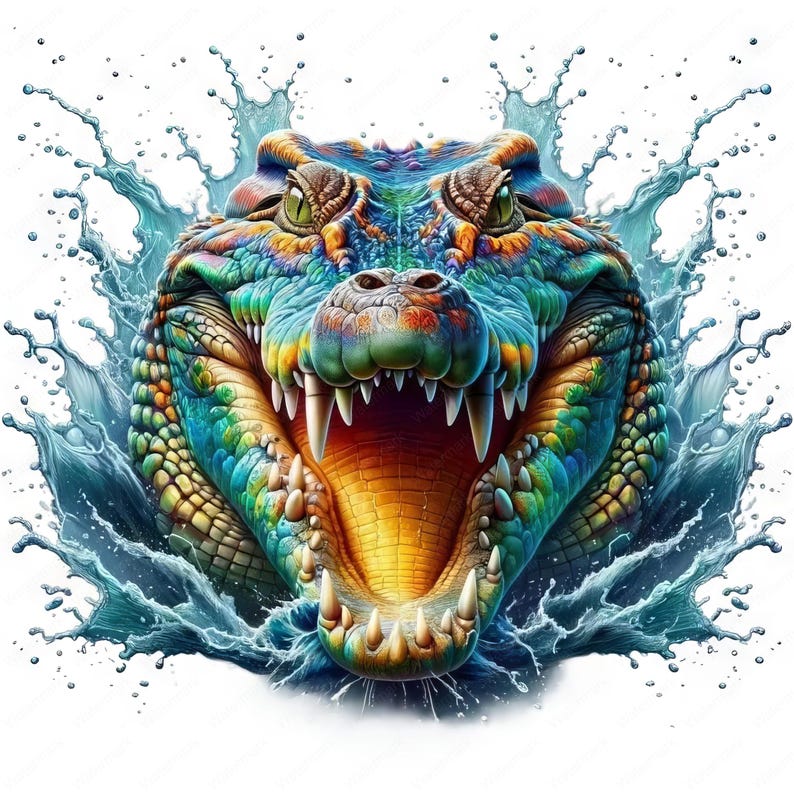 May include: A colorful crocodile with its mouth open, showing sharp teeth, emerging from a splash of water.