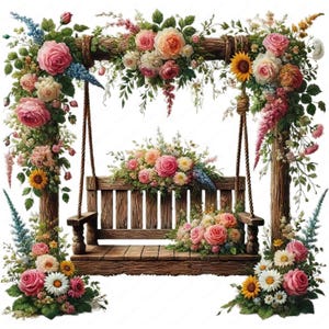 Floral Garden Swing Clipart: Botanical Art Designs (Digital Download)
