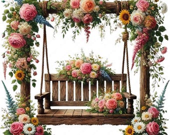 Floral Garden Swing Clipart: Botanical Art Designs (Digital Download)