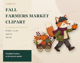 Fall Farmers Market Clipart Bundle, 15 Papercut Autumn Animal PNG Designs