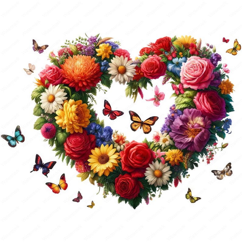 May include: A heart-shaped floral arrangement composed of vibrant red, pink, yellow, and purple flowers, including roses, daisies, and chrysanthemums. Butterflies in various colors, such as orange, blue, and yellow, are scattered around the heart.