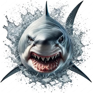 May include: A close-up of a great white shark with its mouth open, showing sharp teeth. The shark is surrounded by water droplets, creating a dynamic and powerful image.