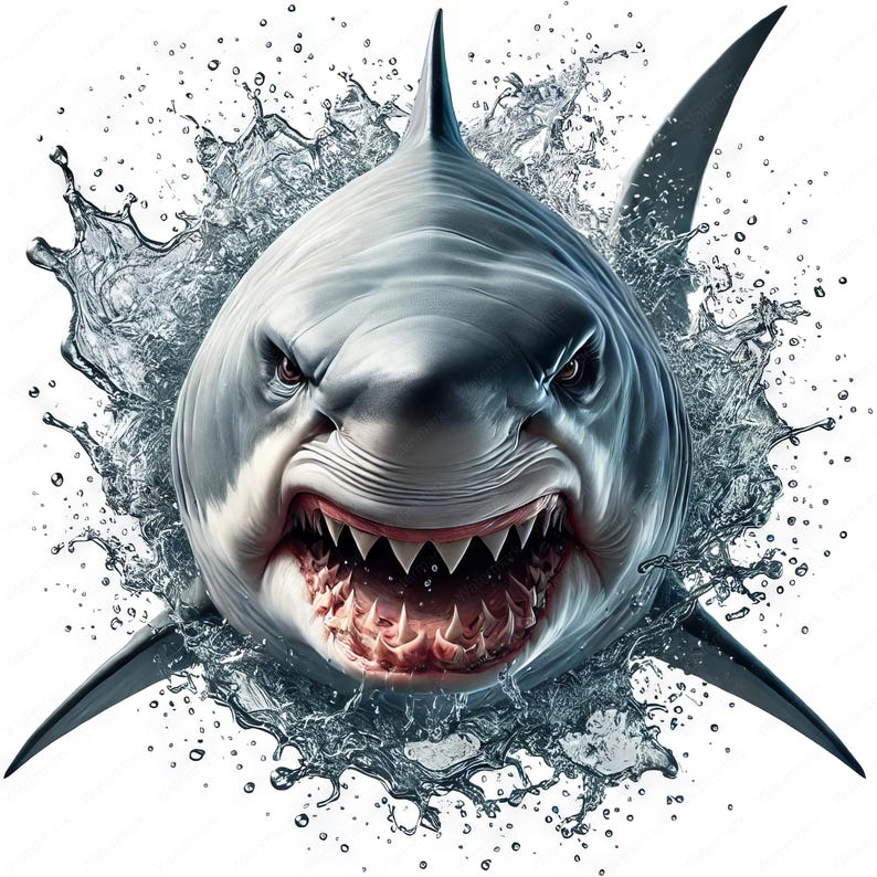 May include: A close-up of a great white shark with its mouth open, showing sharp teeth. The shark is surrounded by water droplets, creating a dynamic and powerful image.