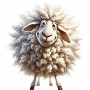 May include: A white sheep with a fluffy coat and a big smile. The sheep has large, brown ears and big, brown eyes. The sheep is standing on a white background.