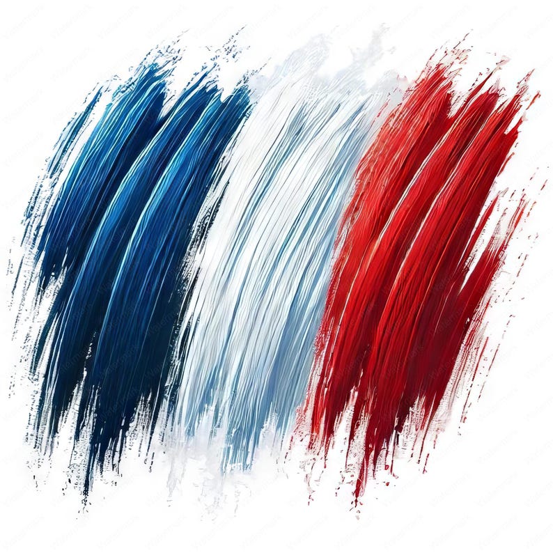 May include: Abstract artwork depicting the French flag. The design features broad brushstrokes of blue, white, and red, arranged diagonally across a white background. The strokes have a textured appearance, suggesting a painted medium.