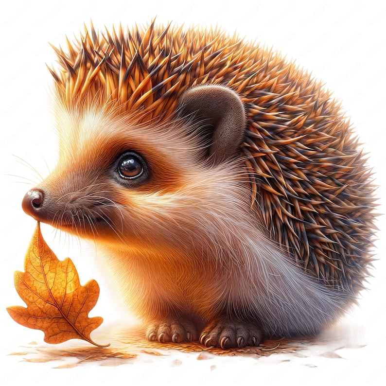 May include: A small brown and white hedgehog with a light brown nose and dark eyes is holding a brown and yellow leaf in its mouth. The hedgehog is sitting on a white background.