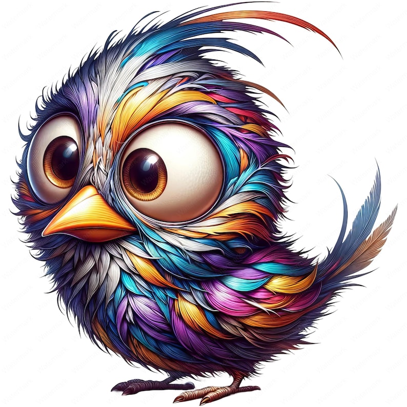 May include: A colorful cartoon bird with large eyes and a long beak. The bird's feathers are a mix of blue, purple, yellow, and orange.