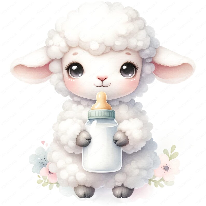 May include: A cute white lamb with big eyes holds a baby bottle filled with milk. The lamb is surrounded by pink and blue flowers.