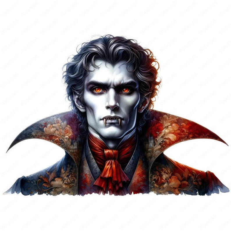 K&ouml;nnte beinhalten: Ein Portr&auml;t eines Vampirs mit dunklen, zur&uuml;ckgek&auml;mmten Haaren, der eine rote und goldene Samtjacke mit hohem Kragen tr&auml;gt.