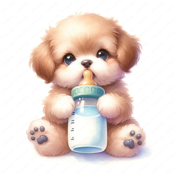 Baby puppy met babyfles clipart | 10 afbeeldingen van hoge kwaliteit | Kinderkamerdecoratie | Schattige hondenillustraties | Digitale afdrukken | Commercieel gebruik