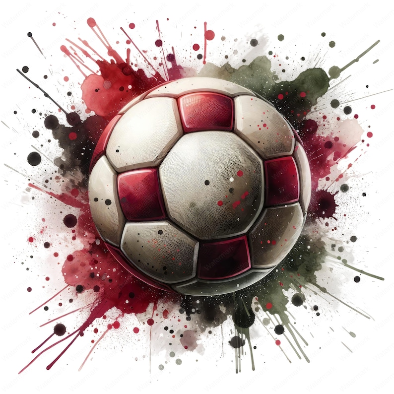 Puede incluir: Un bal&oacute;n de f&uacute;tbol blanco y rojo con un efecto de salpicadura de acuarela en tonos rojos, negros y verdes.