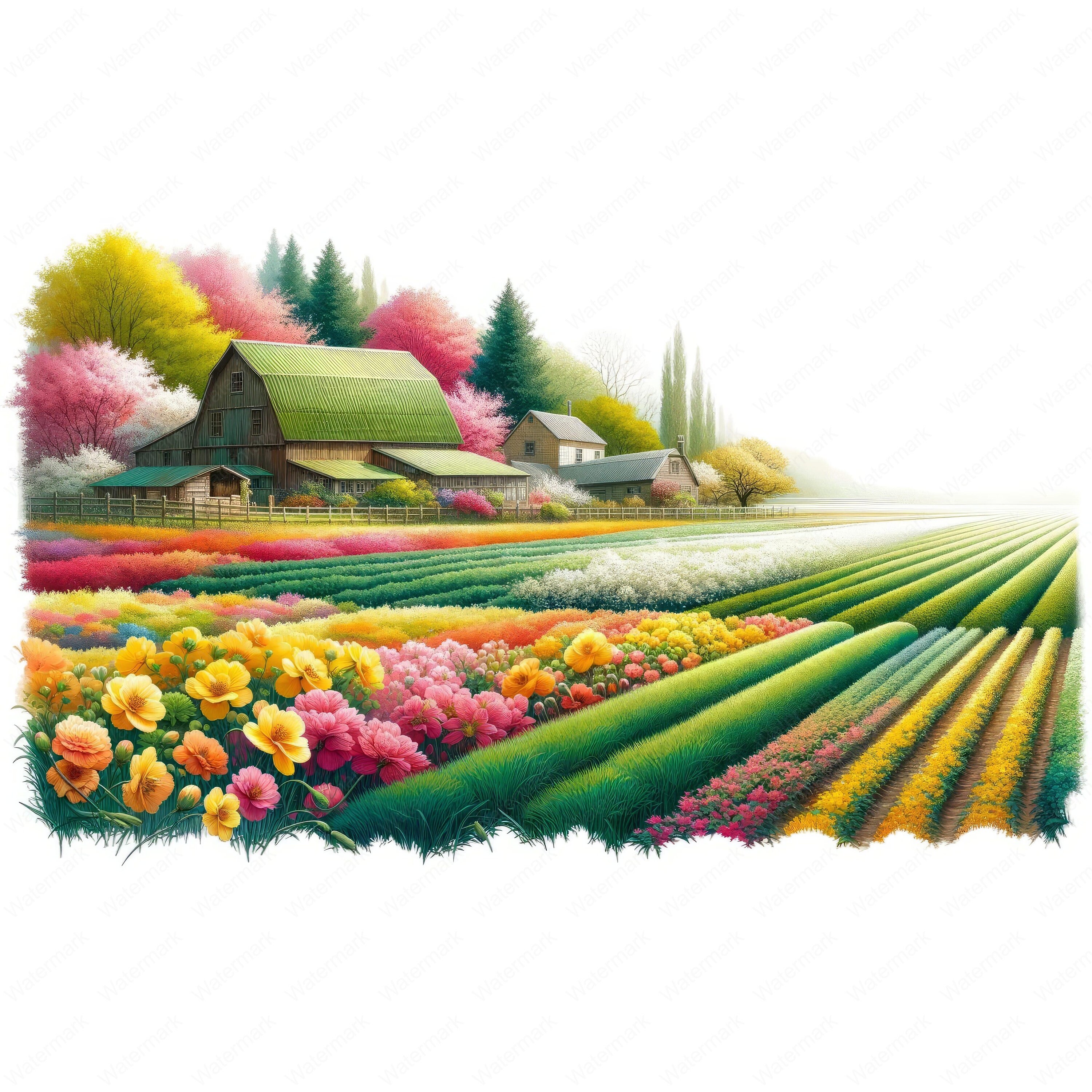 Spring Farm Clipart: Floral Fields, Barn Art (digital Download) - Etsy