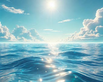 Könnte beinhalten: Ein strahlend blaues Meer mit glitzerndem Sonnenlicht, das sich auf dem Wasser spiegelt. Der Himmel ist strahlend blau mit fluffigen weißen Wolken.