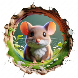 May include: A cute brown and white mouse with big ears peeks out of a hole in a tree trunk. The mouse is sitting on a bed of green grass with white flowers.