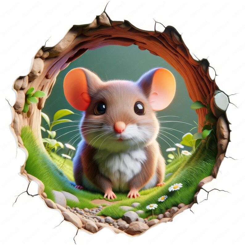 May include: A cute brown and white mouse with big ears peeks out of a hole in a tree trunk. The mouse is sitting on a bed of green grass with white flowers.