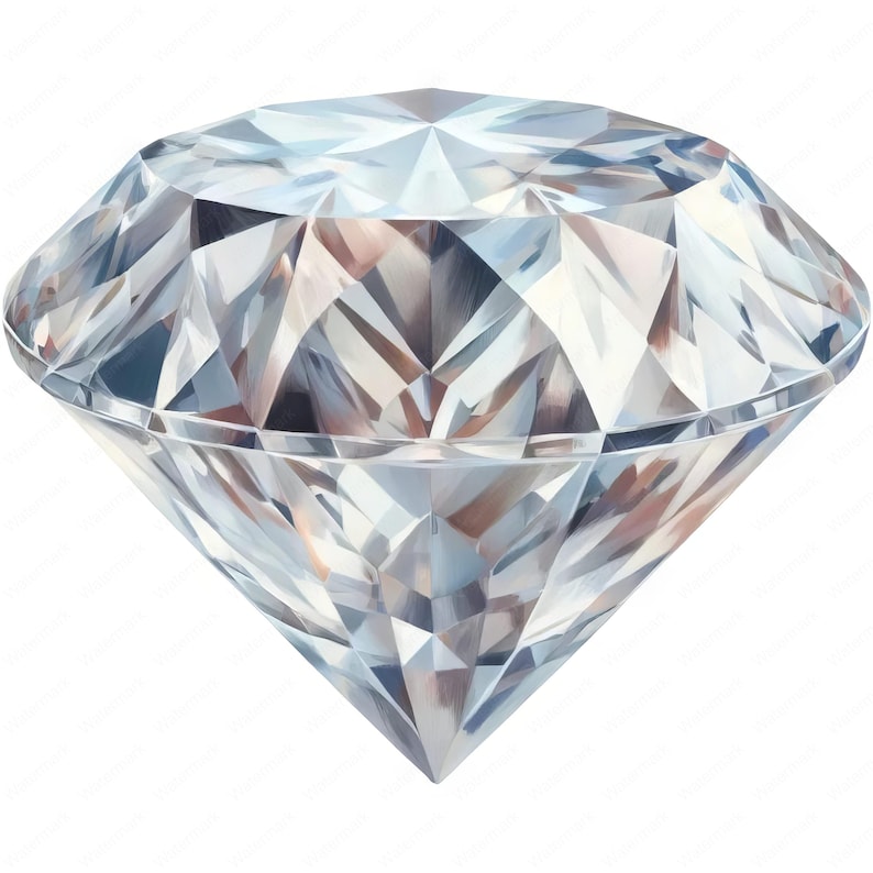 May include: A large, clear diamond with many facets, reflecting light in a sparkling pattern.