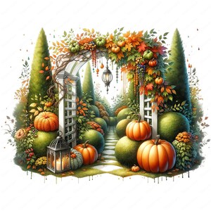 May include: A white garden archway decorated with fall foliage, pumpkins, and lanterns. The archway is covered in vines and leaves, and there are pumpkins and gourds hanging from it. The archway leads to a path through a garden.