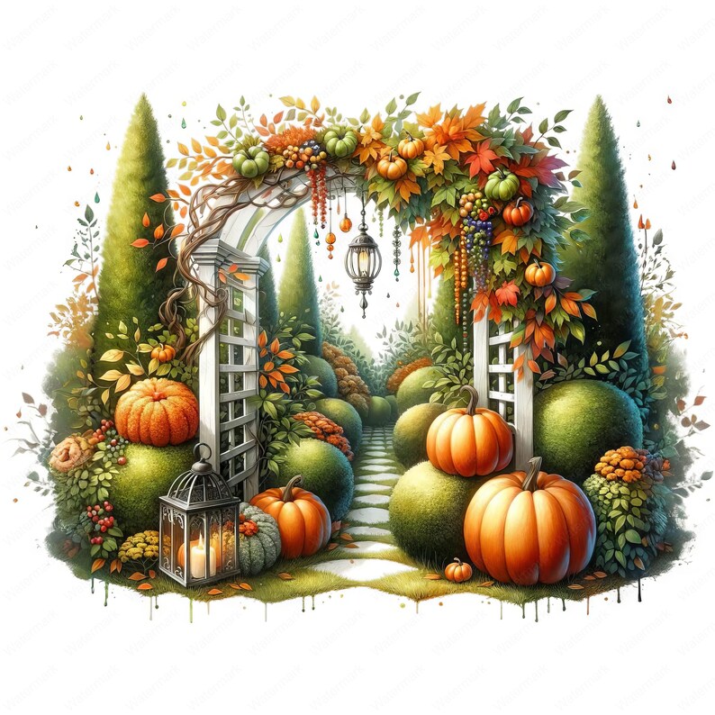 May include: A white garden archway decorated with fall foliage, pumpkins, and lanterns. The archway is covered in vines and leaves, and there are pumpkins and gourds hanging from it. The archway leads to a path through a garden.