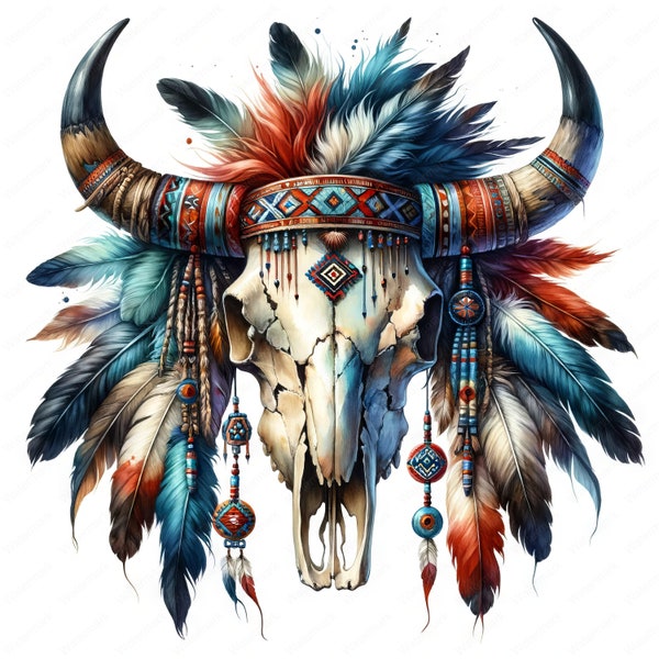 Tribal Bull Skull Clipart | Rugged Tribal Bull Skull Clipart Bundle | 10 High-Quality Designs | Western Art | Printables | Commercial Use
