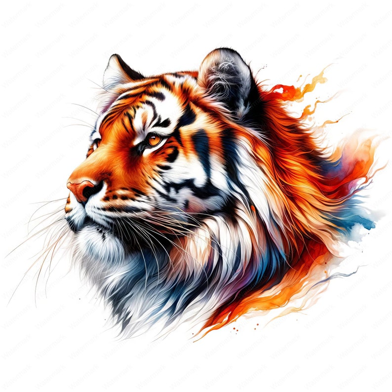 May include: A close-up of a tiger's head with orange, black, and white stripes. The tiger's fur is painted in a watercolor style with splashes of blue and orange.