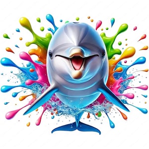 Puede incluir: Un delf&iacute;n sonriente salta a trav&eacute;s de un salpic&oacute;n de pintura colorida. El delf&iacute;n es gris y blanco, y la pintura es de varios colores, incluyendo rojo, azul, verde, amarillo y naranja.
