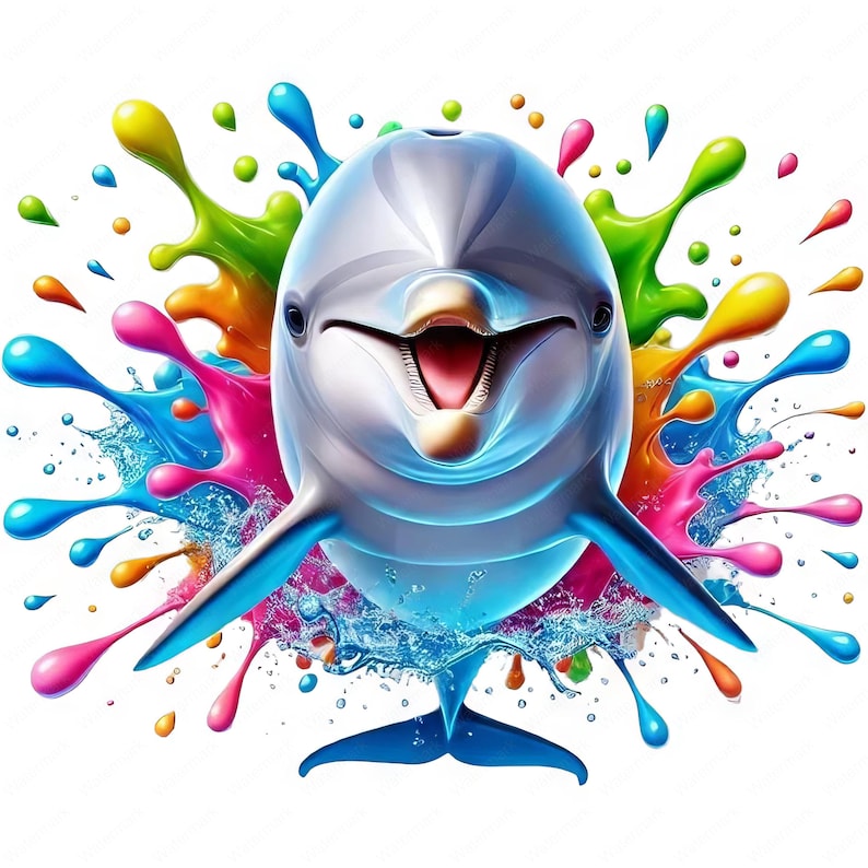 Puede incluir: Un delf&iacute;n sonriente salta a trav&eacute;s de un salpic&oacute;n de pintura colorida. El delf&iacute;n es gris y blanco, y la pintura es de varios colores, incluyendo rojo, azul, verde, amarillo y naranja.