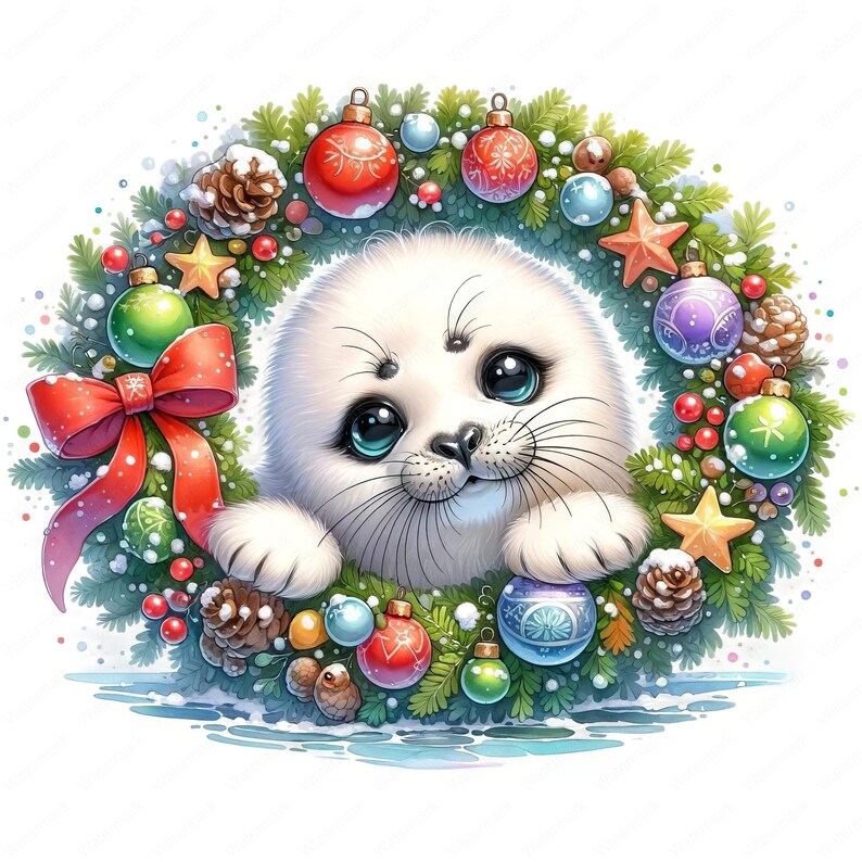 May include: A white seal pup with blue eyes peeks out from a Christmas wreath decorated with red and green ornaments, pine cones, and a red bow.