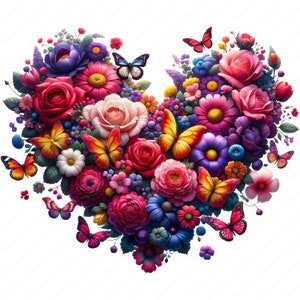 May include: A heart-shaped floral arrangement composed of vibrant roses, daisies, and other flowers in shades of red, pink, purple, and yellow. Several butterflies with orange and pink wings are scattered throughout the design, set against a white background.