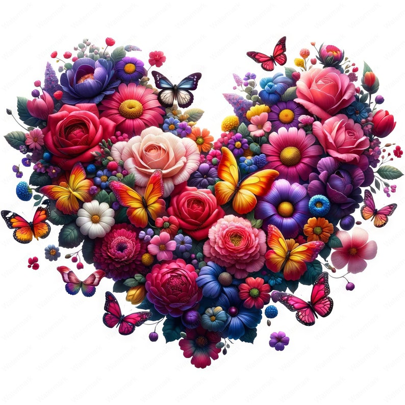 May include: A heart-shaped floral arrangement composed of vibrant roses, daisies, and other flowers in shades of red, pink, purple, and yellow. Several butterflies with orange and pink wings are scattered throughout the design, set against a white background.