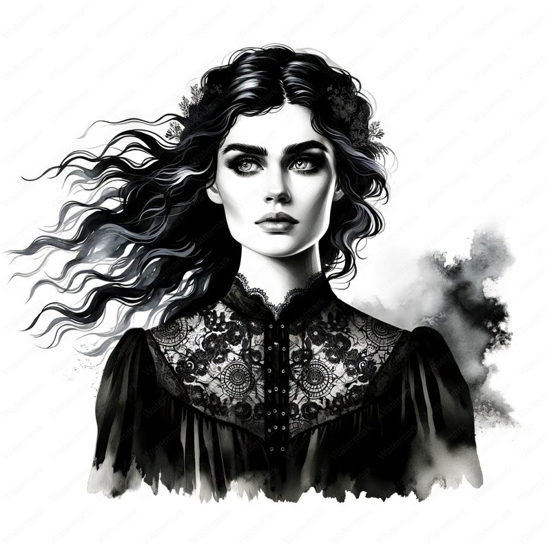 Puede incluir: Una ilustraci&oacute;n en blanco y negro de una mujer con el pelo largo y suelto que lleva un vestido negro con un cuello de encaje. El fondo es una acuarela de color negro y gris.