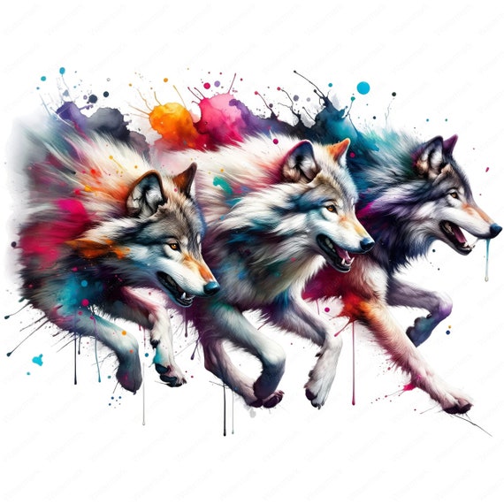Colorful Wolf Pack Art: Wildlife Clipart Bundle (digital Download