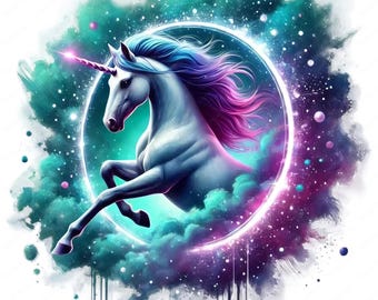 May include: A white unicorn with a blue and pink mane and tail leaps through a glowing circle surrounded by a teal and purple watercolour background.