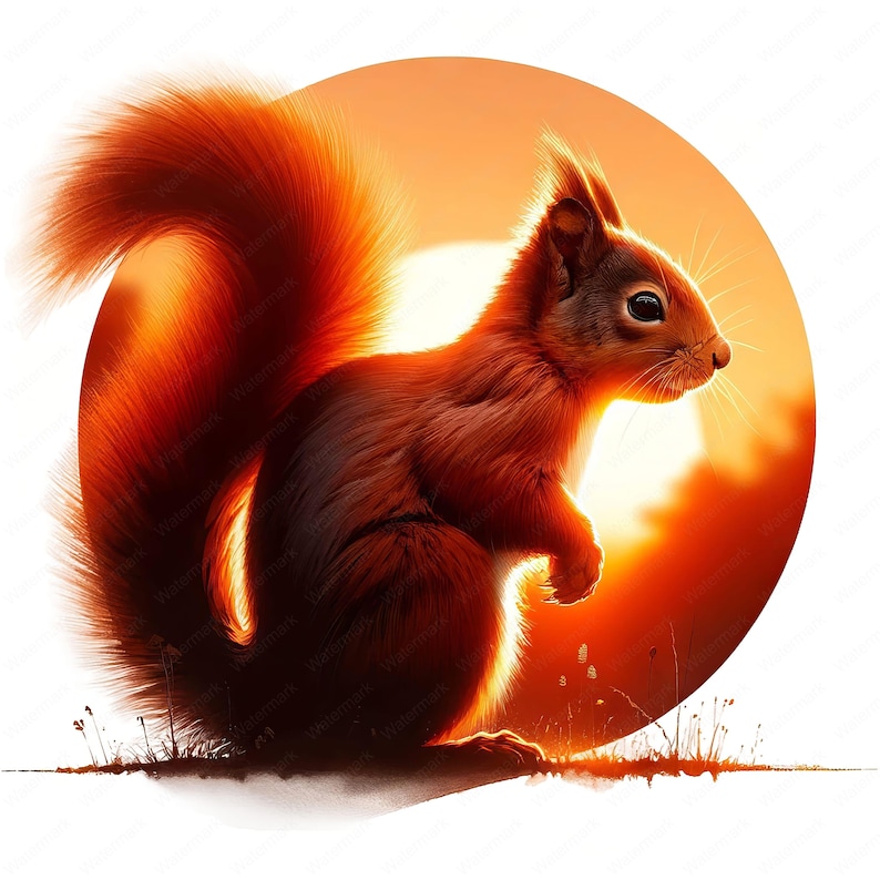 May include: A detailed illustration of a red squirrel in profile, set against a warm, orange sunset. The squirrel has a fluffy tail and is standing on a patch of grass. The background is a soft, blurred landscape.