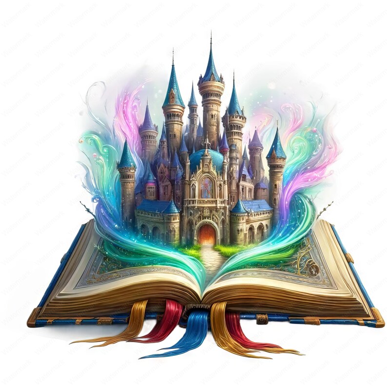 May include: An open book with a magical, colorful castle emerging from its pages. The castle is detailed with towers, spires, and windows, and is surrounded by swirling, iridescent light.