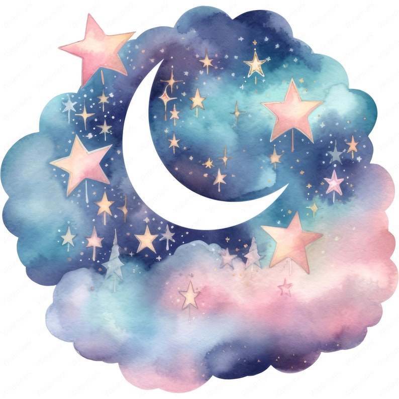 May include: Watercolor illustration of a night sky scene with a crescent moon, stars, and clouds. The color palette includes shades of blue, pink, and gold. The stars are of varying sizes and shapes, and the clouds have a soft, fluffy appearance.