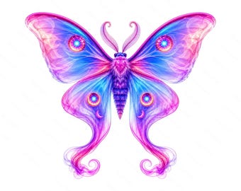 Rainbow Luna Moth Clipart, Watercolor Fantasy Butterfly PNG (Digital Download)