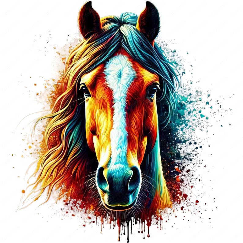 以下が含まれることがあります： 顔の中央に白い筋が入った馬の頭のカラフルな抽象画。背景は白のキャンバスに青、オレンジ、黄色の絵の具が飛び散っている。