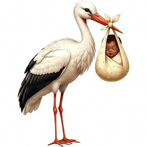 May include: A white stork with black wing feathers carries a baby wrapped in a yellow blanket in its beak.