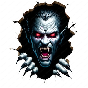 Puede incluir: Una ilustraci&oacute;n aterradora y detallada de un vampiro con ojos rojos y dientes afilados, que irrumpe a trav&eacute;s de una pared. El vampiro tiene una expresi&oacute;n amenazante y extiende las manos con garras.