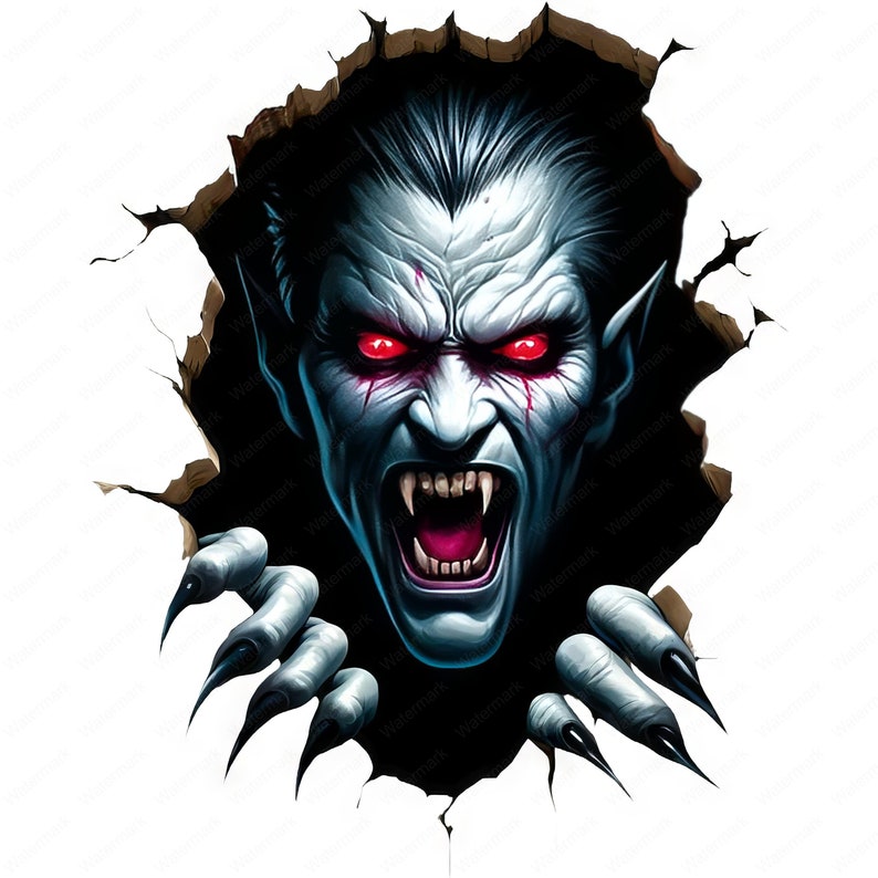 Puede incluir: Una ilustraci&oacute;n aterradora y detallada de un vampiro con ojos rojos y dientes afilados, que irrumpe a trav&eacute;s de una pared. El vampiro tiene una expresi&oacute;n amenazante y extiende las manos con garras.