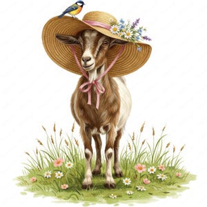 May include: A brown and white goat wearing a straw hat with a pink ribbon and flowers. A blue bird is perched on the hat. The goat is standing in a field of green grass with pink and white flowers.
